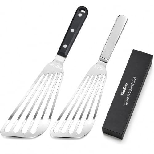2 Pack Flexible Fish Spatula Stainless Steel for Kitchen | Egg Turner Flipper, Thin Edged Slotted Angled Blade, 1 Hollow Steel Handle & 1 POM Plastic Handle