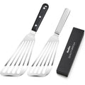 2 Pack Flexible Fish Spatula Stainless Steel for Kitchen | Egg Turner Flipper, Thin Edged Slotted Angled Blade, 1 Hollow Steel Handle & 1 POM Plastic Handle