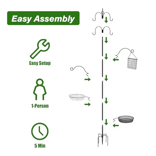 Bird Feeding Station, 90.55in 6-Hook Wild Bird Feeder Stand Pole with Water & Mesh Tray Humming Bird Feeders for Outdoors Easy Assembly for Courtyards Gardens (Black) - size: 90.55in