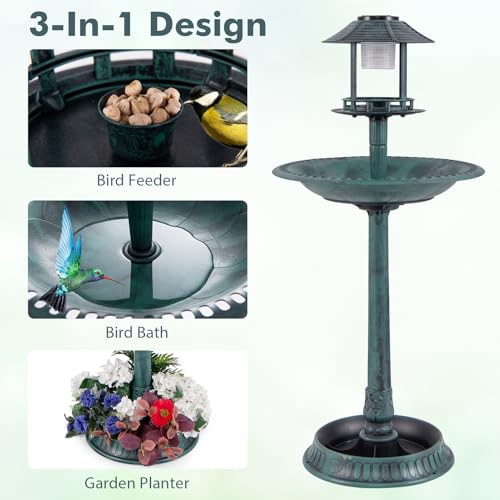 Solar Bird Bath, Pedestal Bird Bath with Bird Feeder, Flower Planter Base, and Solar Powered Lamp, Standing Birdbath for Outdoors, Garden, or Yard, 42 Inch Tall (Green) - color: Green