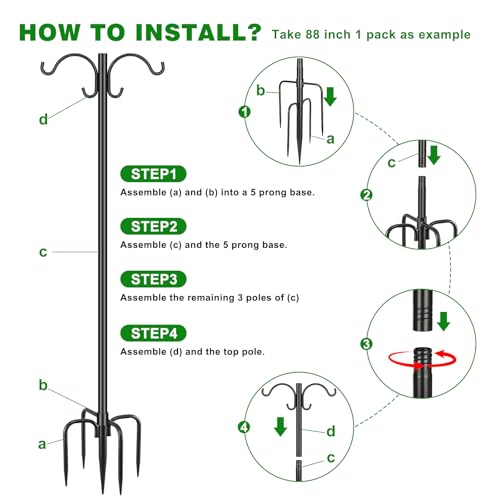 88inch Double Shepherd Hook for Outdoor, 1” Bird Feeder Pole,2Pack | 1in Thick Steel,5-Prong Stable Base,Adjustable Height,20lb Capacity,Ideal For Bird Feeder,Plant & Lantern ,Rust Resistant