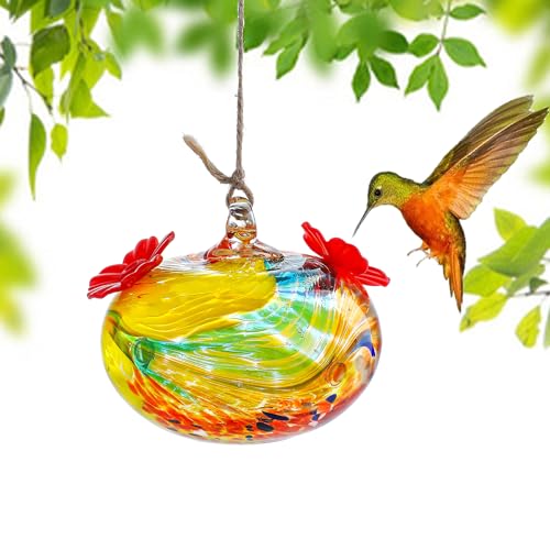 Exquisite Hand Blown Glass Hummingbird Feeders with 2 Feeding Ports for Outdoor, Leak Proof Design, Small Glass Hummingbird Feeders for Window Displays, Garden Beautification and Patio Decor - color: yellow