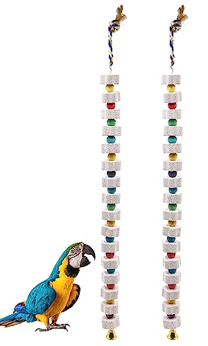 2 Pack 27 Inches Extra Long Bird Chewing Toy, Parrot Beak Grinding Calcium Stone with Bells, Bird Cage Accessories, Cage Toys for Cockatiel Parakeet Parrot Budgies Rat Hamster Rabbit African Grey - color: White, size: 27.55 inch Long