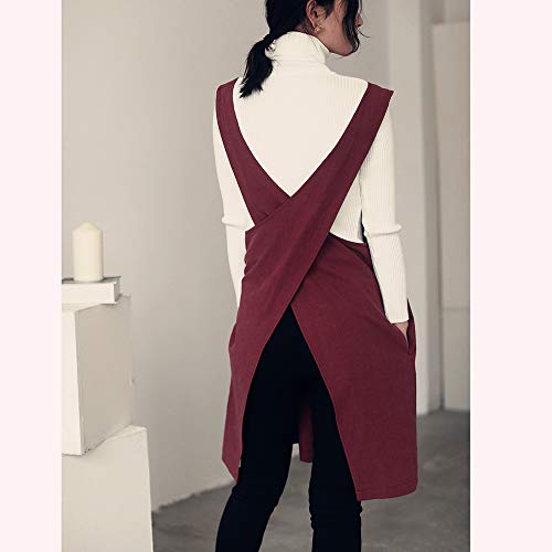 Cotton Linen Japanese Apron Halter Cross Back Bandage X Shape Aprons Two Pockets - color: Dark Red