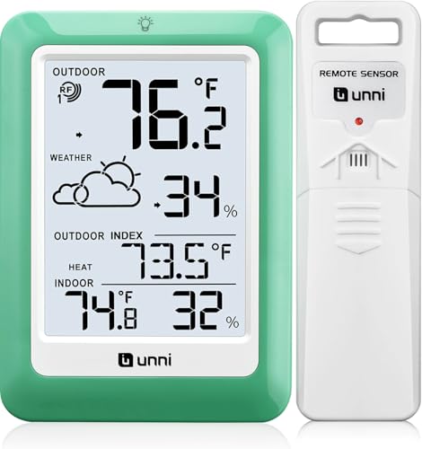 Indoor Outdoor Thermometer Wireless, Temperature Humidity Monitor Battery Powered Inside Outside Thermometers with 330ft Range Remote Sensor(Green) - color: Green