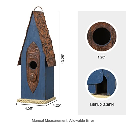 Glitzhome Bird Houses for Outside, Hanging Bird House for Outdoors, 13.25" H Retro Blue Distressed Solid Wood Pet Cottage Garden Decorative Birdhouse for Swallow Sparrow Finch Cardinals - color: Blue