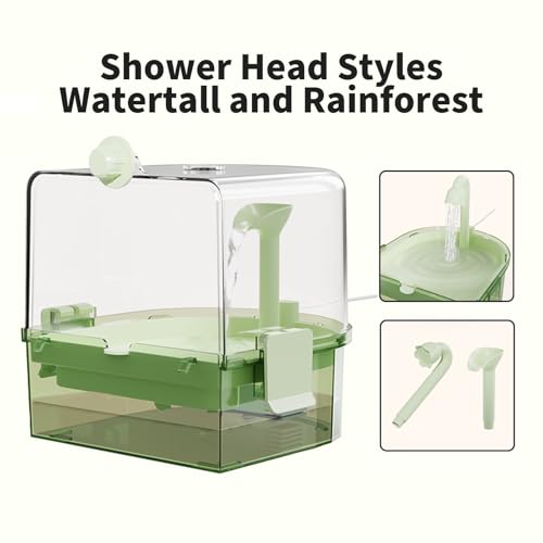 Automatic Bird Baths for Cage – Indoor Parakeet Bath with Pump, Bird Shower with 2 Modes Running Water, Bird Cage Accessory for Pet Birds Conure Budgies Cockatiels Lovebird(Green) | Quiet auto pump with 4-layer filter & 4 refills Easy-clean clear tank on/