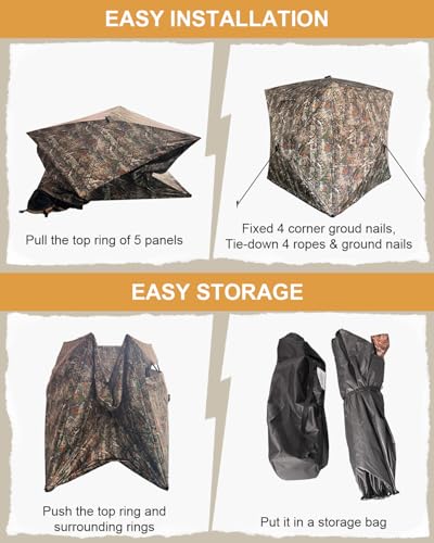Portable Hunting Blind for 3-4 Persons for Turkey Duck Hunting | 270° See Through Ground Deer Blind with Silent Windows, Windproof Pop Up Blind with Carry Bag, Tent Stakes and Wind Ropes