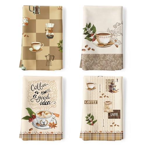 Coffee Tea Towels, 100% Cotton Kitchen Towels, Vintage, Set of 4 | 18.9 x 27.5 in / 48 x 70 cm, Lightweight Woven Dish Cloth with Coffee Print for Coffee Lovers, Hostess Gift - color: Coffee