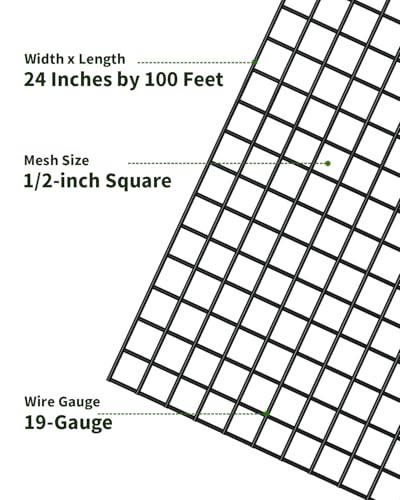 Black Vinyl Coated Hardware Cloth 1/2 inch 24 x 100 Ft 19 Gauge | Chicken Wire Fencing Chicken Wire Mesh Roll Garden Fencing Raied Garden Bed Welded Wire Fence Roll - size: 1/2inch 24''x100'