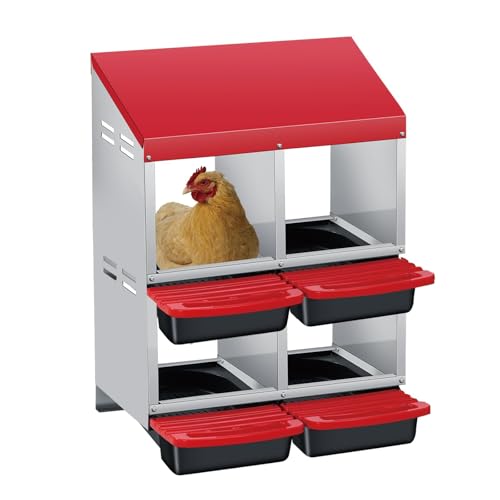 4 Hole Chicken Nesting Boxes, Weatherproof Galvanized Steel Chicken Egg Laying Box with Automatic Rollout Egg Collection, 2-in-1 Handle Perch, Easy Clean & Quick Assemble for Chicken Coop - color: Red, size: 4 holes 2 layers
