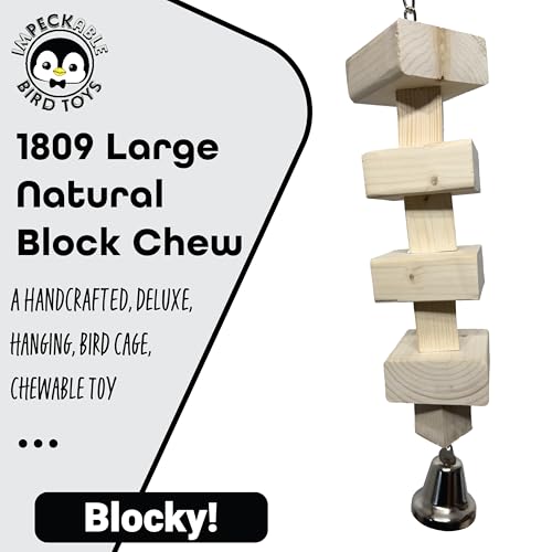 1809 Large Natural Block - Handcrafted Bird Toy For Parrot Macaw African Grey - Unfinished Kiln Dried Wood Pieces With Big Bell - Destructible Chewing Cage Accessories - Big Chewy Blocks - Climbable