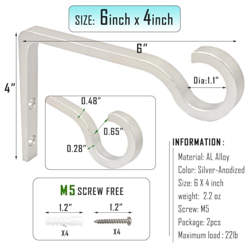 6inch Al-Alloy Hanging Plant Bracket Silver-Anodized 2 Pack | Rust-proof | Max 22lb Load | Shepherd Hooks | Hanging Bird Feeder, Lantern, Flower Basket, Outdoor Indoor, Screws & Anchors - color: Silver Anodized, size: 6in Aluminum Alloy
