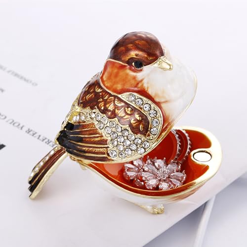 Hand Painted Enamel Goldfinch Bird Trinket Box, Hinged Unique Mini Ring Necklace Jewelry Organizer, Classical Bejeweled Storage, Figurine Collectible Keepsake Home Decor (Goldfinch) - color: Goldfinch