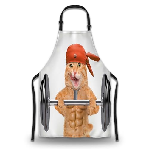 Apron Kitchen for Women Fitness Cat Mans Aprons for Cooking Funny for Kitchen Cooking Restaurant BBQ Painting Crafting Gardening 27” (W) x 31” (H), Waterproof Apron - color: Fitness Cat
