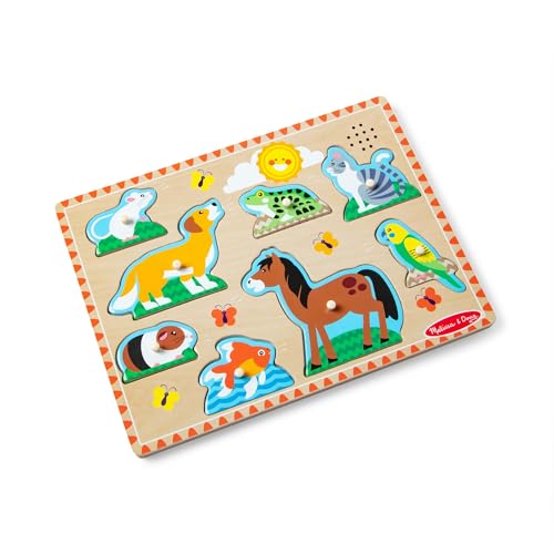 Melissa & Doug Zoo Pet Animals Sound Puzzle – 8-Piece Wooden Peg Puzzle with Light-Activated Sounds, Music Learning Toy for Toddlers and Preschoolers Ages 2+ - size: 11.8 x 8.8 x 1.25, style: Pets