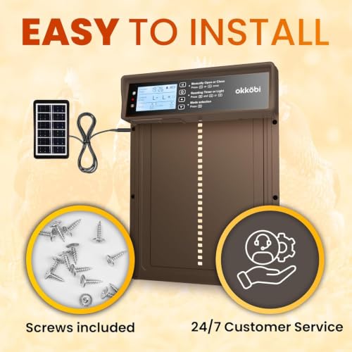Okkobi Automatic Chicken Coop Door Solar Powered - LCD Display - Light Sensor & Timer - Security & Peace of Mind: Anti-Pinch Function - 5-Year Protection - Dark Brown | Anti-Pinch for Safety, Resistant to -15 to 140°C, Compatible with Ducks and Geese - Da