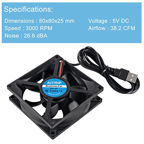 AITRIP 2PCS 80mm USB Fan 5V Brushless 8025 80x25mm for Cooling DIY PC Computer Case 3D Printer CPU Coolers Radiators - color: 2PCS 5V USB