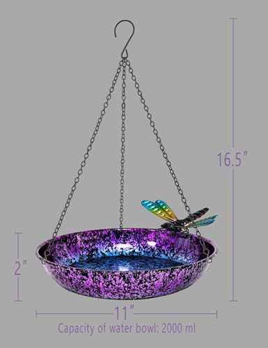 Hanging Bird Bath for Outdoor 11 Inch Colorful Purple&Blue Metal Bird Feeder Birdbath Bowl Mounted Rust-Proof Black Chain Metal Dragonfly Yard Art Garden Decor