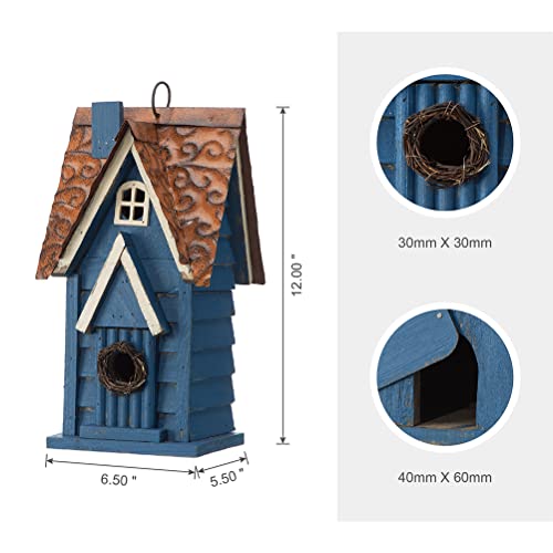Glitzhome Bird Houses for Outside, 12" H Retro Blue Distressed Solid Wood Cottage Birdhouse Hanging Bird House for Outdoors, Bluebird House for Garden Patio Backyard - color: 12"H Blue