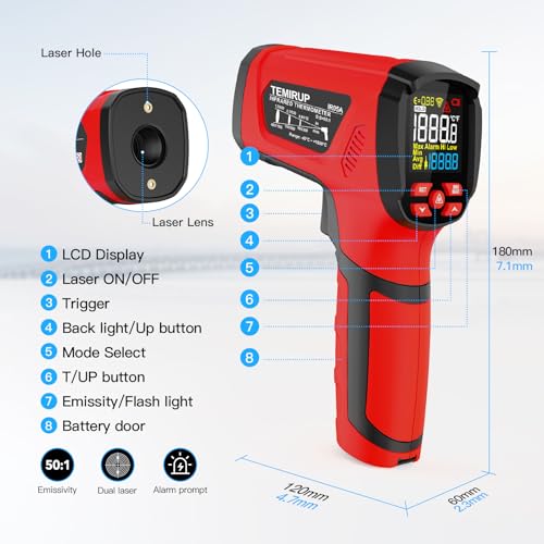 Infrared Thermometer High Temperature Gun -40℉~2912℉, 50:1 Dual Laser Thermometer with Probe 14℉ - 932℉, Digital IR Temp Gun for Cooking, Pizza Oven, Engine, Kiln, Forging, Industrial Use - color: Red -40°F - 2912°F(-40-1600℃)