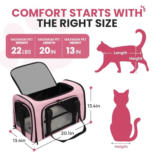 Soft-Sided Cat Carrier 20x13x13 in Expandable Travel Pet Bag 22LBS | For Cats and Small Dogs with Anti-Scratch Mesh Washable Mat Collapsible Escape-Proof Airline Approved with Shoulder Strap - color: Pink, size: 13.4"L x 13.4"W x 20.1"H
