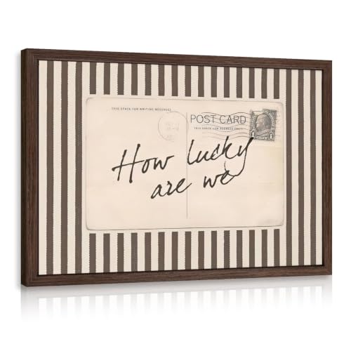 CGXY How Lucky Are We Quote Wall Art, Vintage Postcard Poster Print, Neutral Striped Stamp Wall Decor, French Country Farmhouse Artwork for Living Room Office Bedroom Wood Framed 16x24 Inch - color: Lucky, size: 24"L x 16"W