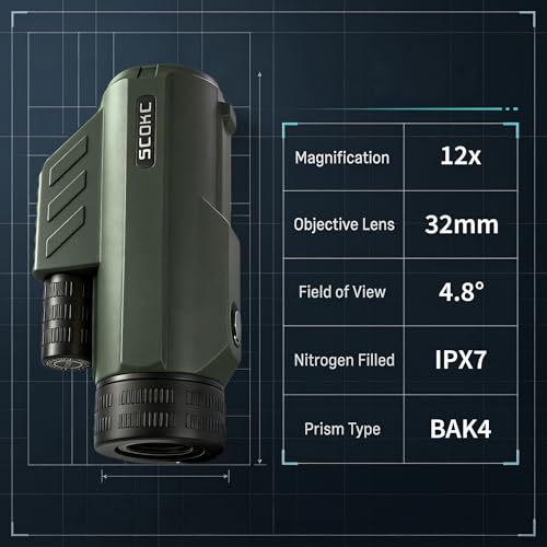 Waterproof Monocular Telescope | Lightweight with Travel Bag, Compact, 12X Magnification, Wide Field of View for Bird Watching, Hunting, Hiking, Camping (12x32, Army Green) - color: army green