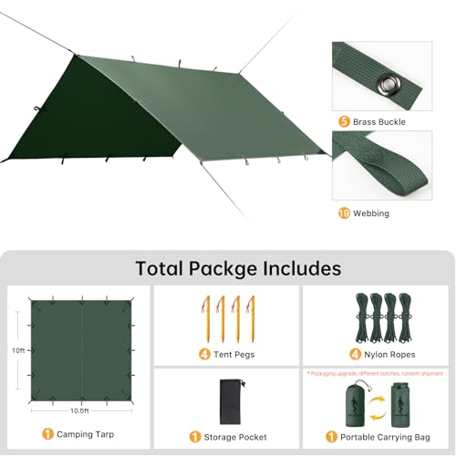 FREE SOLDIER Waterproof Camping Tarp Shelter Awning | Lightweight, Compact, Quick Setup, Waterproof Sun Shelter Campingtarp,For Backpacking, Beach, Travel and Outdoor Activities - color: Lake Green 10×10.5ft
