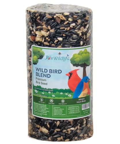JCs Wildlife Wild Bird Blend Seed Cylinder with Hole, Sunflower Safflower Pecans Peanuts Bird Food for Outside Feeders, Cardinals Woodpeckers Chickadees Nuthatches, Made in the USA, 1.5 lb, 4 Cylinder - size: 4 Cylinders