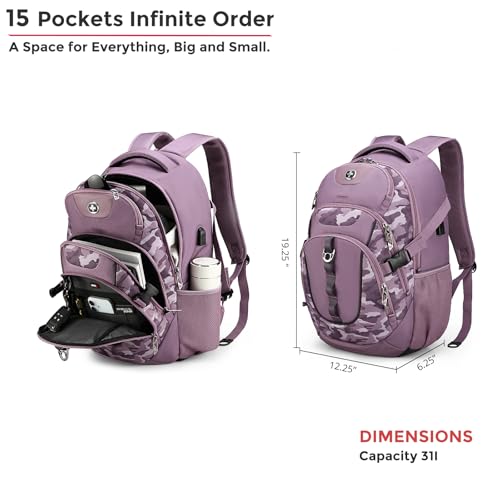 Swissdigital Design Laptop Backpack with USB Charging Port, Travel Backpack Fits 15.6 inches Computer, 31L College School Backpack for Men, Pink Camo | SD803-93 - color: Pink Camo