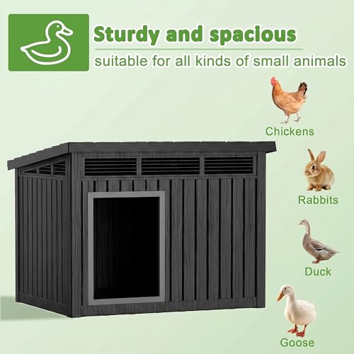 VIXZEN Chicken Coop, Resin PP Material Outdoor Duck House, Wood Grain Finish Sloped Roof Poultry Shelter, Gas Strut Top Opening Ventilated Duck Coop with Spacious Interior & Easy Assembly（Black） - color: Black, size: 42.9"L x 33.0"W x 31.6"H
