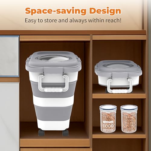 HOYTAMDAR 25-28lb Collapsible Dog Food Storage Container,Dog Food Container | Pet Food Storage Container with Airtight Lid,Wheels,Handle,Measuring Scoop&Small Container For Dog Cat Bird Seed - color: Grey-28lbs