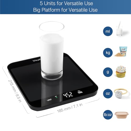 Vitafit 33lb Food Scale for Kitchen Accuracy 0.1oz, 8.5x7.1 Platform, LED | Professional Factory Since 2001 Digital Kitchen Scales Weight Grams and Ounces for Cooking/Baking/Coffee, Tare, 3xAAA, Black - color: Black Tempered Glass