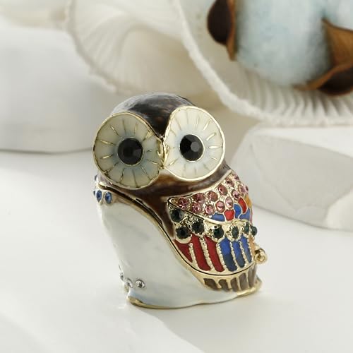 Hand Painted Enamel Owl Trinket Box, Hinged Unique Mini Ring Necklace Jewelry Organizer, Classical Bejeweled Storage, Figurine Collectible Keepsake Home Decor (Mini Owl) - color: Wise Owl