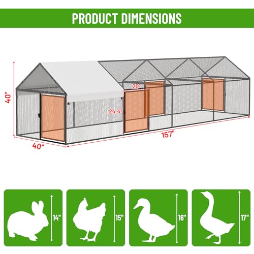 NUGRIART Metal Chicken Coop 157"×40"×40" Chicken Run with Waterproof Cover Portable Poultry Cage Walk in Hen House Outdoor Backyard Farm Animal Enclosure Crate Pet Playpen Exercise Pen for Rabbit Duck - size: 157.0"L x 40.0"W x 40.0"H