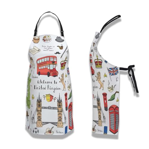 Barista Apron Women London Elements British Symbols Fun Aprons for Men for Kitchen Cooking Restaurant BBQ Painting Crafting Gardening 27” (W) x 31” (H), Waterproof Apron - color: London Elements Symbols
