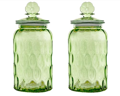 10 Strawberry Street Textured Glass Flower Canister, Dimpled Round, Sage, Set of 2 - color: GREEN FLOWER TOP