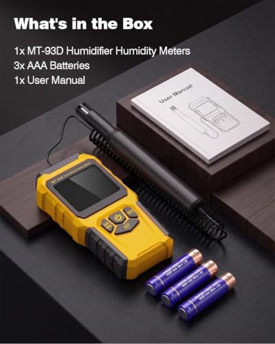 MT-93D Split Thermo Hygrometer Humidity Meter | Flexible spring cord air temp probe, RH dew wet bulb readout, backlit LCD, data hold MAX/MIN, ℃/℉, humidifier HVAC greenhouse