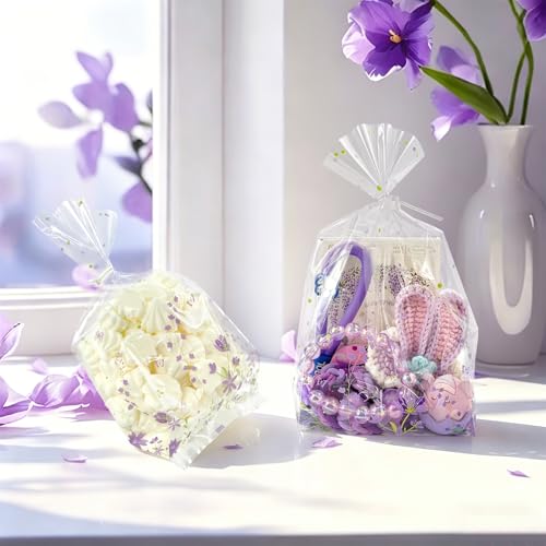 EKAPACKAGING 50Pcs 4x9.5 Inches Wildflower Flower Side Gusseted Cellophane Bags with Twist Ties, 2" Side Gussets Purple Violet Treat Bags for Cookies, Floral Spring Goodie Bags for Bridal Shower - color: Violet