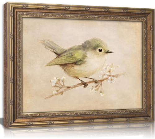 Vintage Gold Framed Bird Wall Art, Green Bird on Blossom Branch Oil Painting Canvas Print, Antique Cottagecore Nursery Wall Decor, Retro Neutral Floral Botanical Poster Artwork for Bedroom Living Room - color: Bird-1, size: 24"L x 16"W