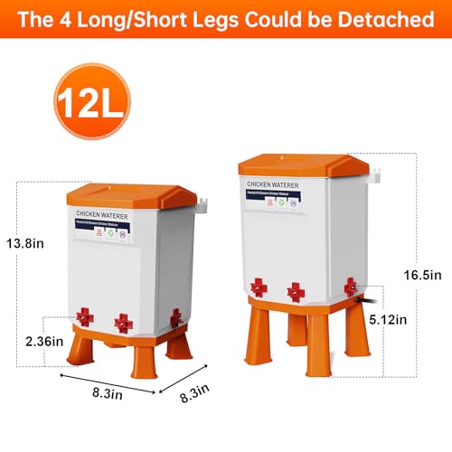 Heated Chicken Waterer, Thermostatically Controlled Poultry Water Heater for Winter, 4 Horizontal Nipples and 8 Support Legs, Anti-Freezing Watering System for Coop Accessories (7L-Red) (Orange, 12L)