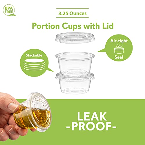 (3.25 oz - 100 Sets) Clear Diposable Plastic Portion Cups With Lids, Small Mini Containers For Portion Controll, Jello Shots, Meal Prep, Sauce Cups, Slime, Condiments, Medicine, Dressings, - color: Clear, size: 3.25 Ounce