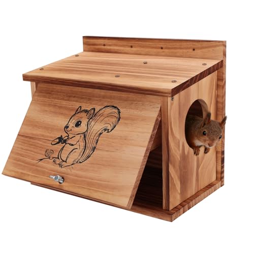 Squirrel House for Outside with Raccoon-Proof Baffle, Carbonized Pine Nesting Box, Outdoor Squirrel Box for Backyard Wildlife