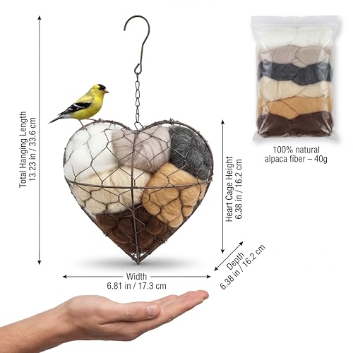 Tiezzi Handmade Alpaca Fiber Bird Nesting Heart, Refillable Bird Nesting Material Holder for Wild Birds & Hummingbirds, Outdoor Garden Decor Gift for Bird Lovers