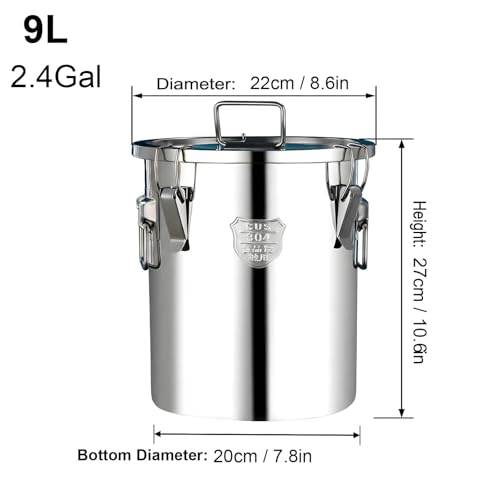 2.4Gal 304 Stainless Steel Flour Canister, Kitchen Airtight Metal Canisters with Lids, 7-12lbs Metal Airtight Canisters Milk Jug Coffee Bean Cookies Canisters w/Locking Clamp 9L - size: Standard 9L/2.4gal