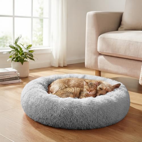 PetAmi Calming Donut Dog Bed, Washable Faux Fur, 30 Inch Medium, Light Grey | Warm Shaggy Faux Fur and A Deep Nest Help Anxious Pets Curl Up and Sleep Soundly. Perfect for Puppies, Cats, and Rescues. - color: Light Gray, size: Medium - 30"