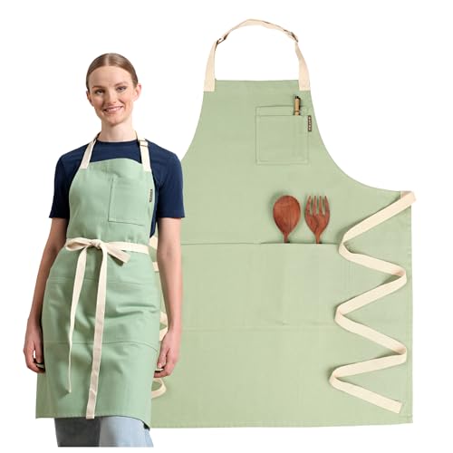 Chef Aprons for Women with Pockets, Adjustable Bib Aprons for Cooking - color: Sage Green