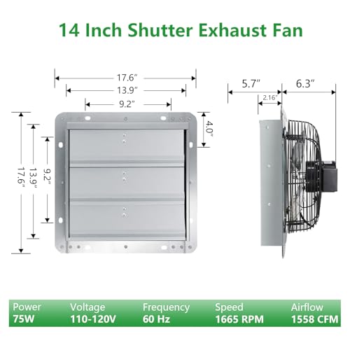 Shutter Exhaust Fan, 14 inch Wall Mount Attic Fans w/Speed Controller,1558 CFM,Chicken Coops Vent Fan for Greenhouse, Gable, Barn, Garage, Shed Ventilation Fan - color: With Speed Control, size: 14inch