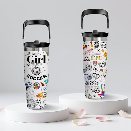 Soccer Gift for Women & Girls - 30oz Insulated Stainless Steel Tumbler with Handle, Cute Leak-Proof Water Bottle for Players, Fans - Great for Games, Practice, Christmas & Birthdays - color: Soccer1